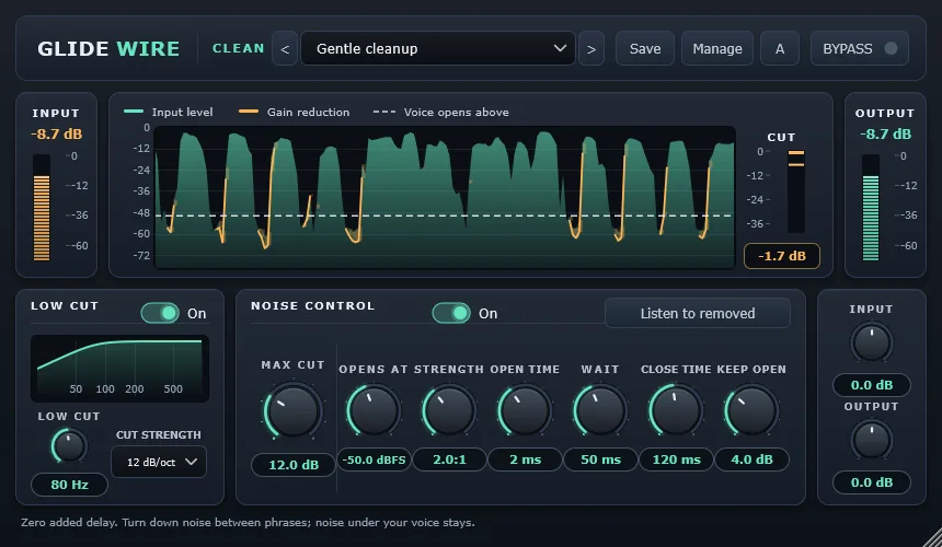 Glidewire Clean plugin window with gate and high-pass controls