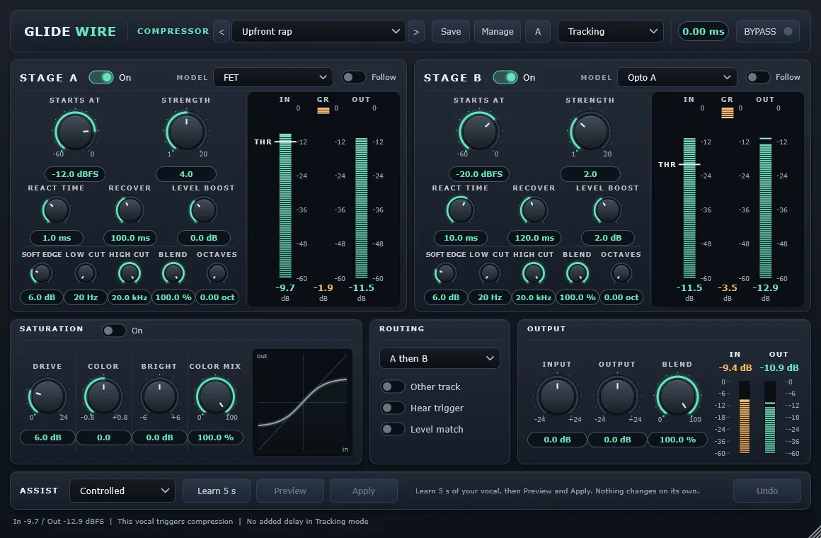 Glidewire Compressor plugin window with two compression stages and saturation