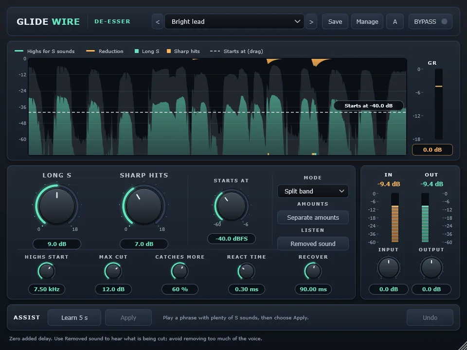 Glidewire De-Esser plugin window with reduction meter