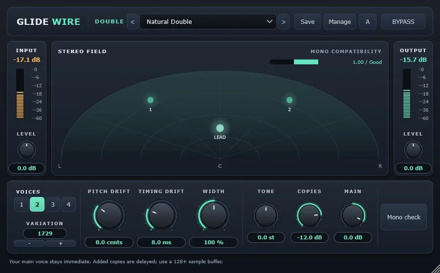 Glidewire Double plugin window with voice and width controls