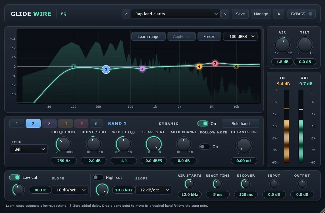 Glidewire EQ plugin window with an EQ curve over a live spectrum