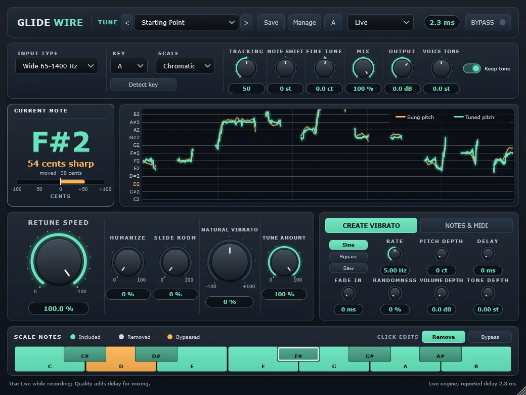 Glidewire Tune plugin window tuning a sung vocal: the detected note, the sung and tuned pitch lines, retune speed knob and scale keyboard